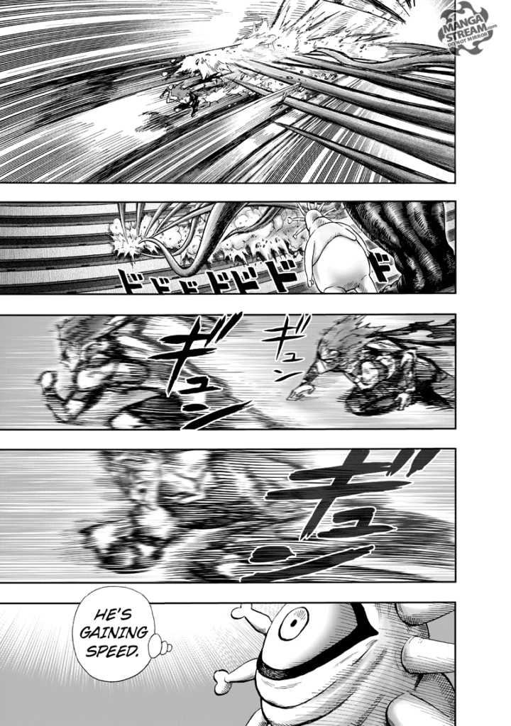 Garou runs very fast while Lord Orochi attacks him with his horns. Gyoro-Gyoro notices Garou gaining speed.