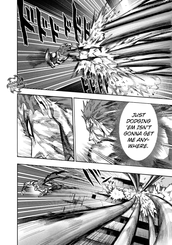 Garou assesses the situation while dodging the extending horns.