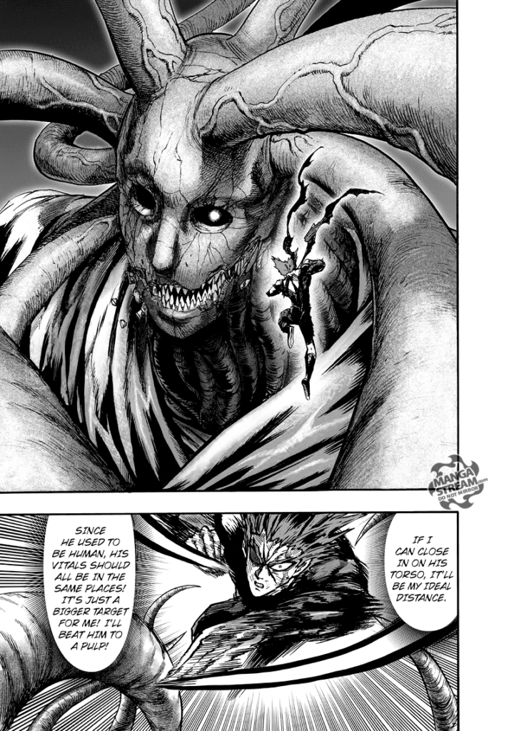 Garou jumps close to Lord Orochi's face while dodging the horns. He now prepares to attack.