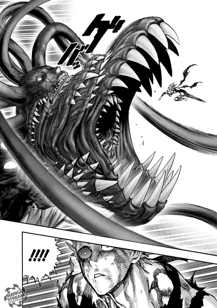 A huge mouth with sharp teeth appears in front, planning to eat Garou. Garou notices this in surprise.