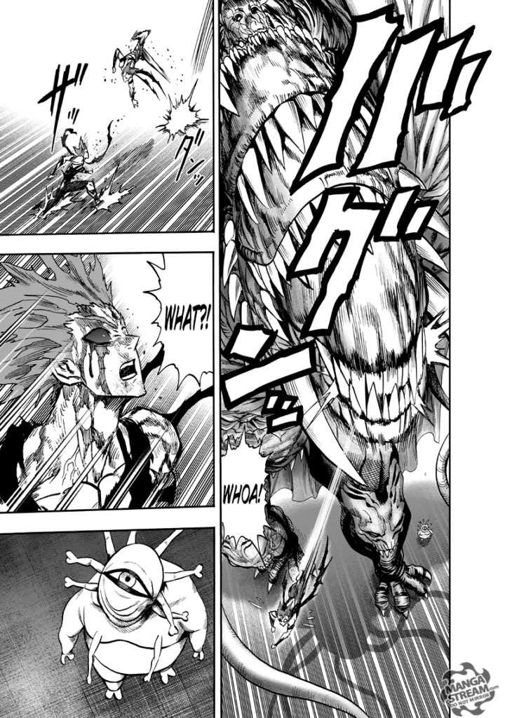 Garou dodges the huge teeth after it is close to eating him. Gyoro-Gyoro watches.