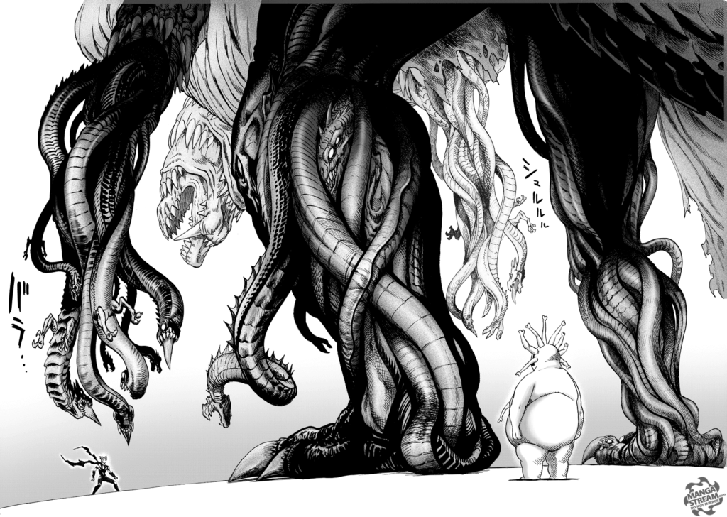 Lord Orochi's arms turn into snakes, preparing to attack Garou standing in front. Gyoro-Gyoro watches from behind.