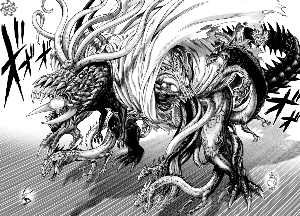 Monster King Orochi roars with its mouth glowing while snake monsters appear on his body, preparing to attack Garou.