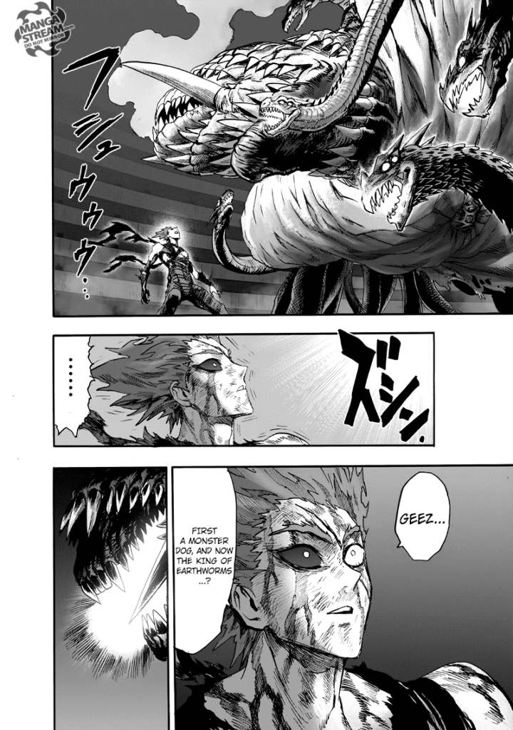 Garou watches the huge monster and its snakes while noticing Lord Orochi's glowing mouth.