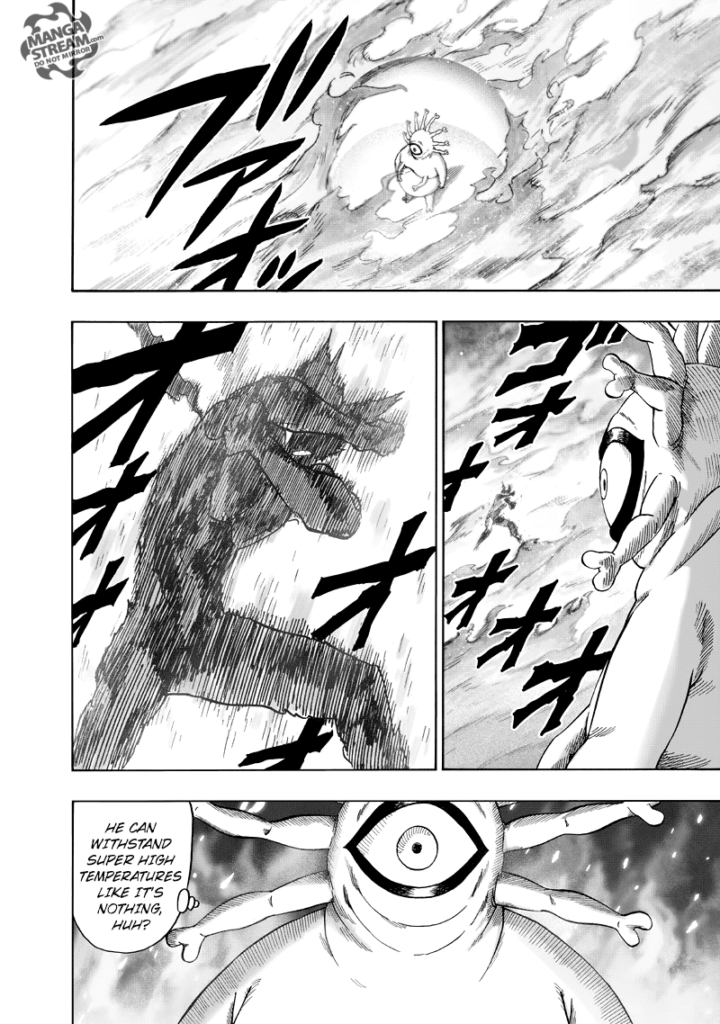 Gyoro-Gyoro notices how Garou defends with his arms while withstanding super high temperatures.