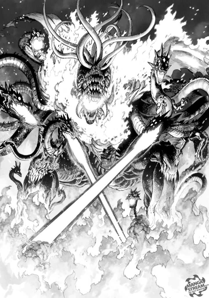 Everything around Lord Orochi is burning while some of the snakes keep firing energy blasts.