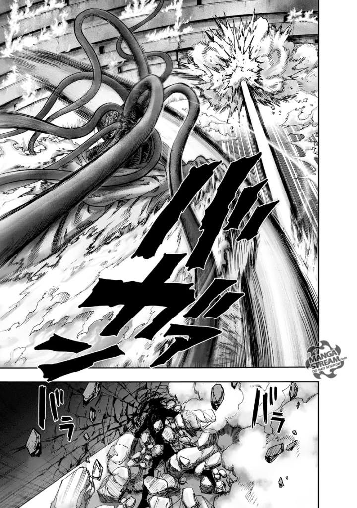 Garou gets blown away and smashes into a wall after getting hit by Orochi's punch.