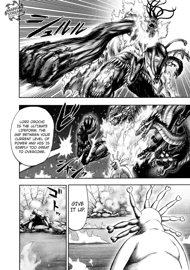 Lord Orochi retracts his arm while Gyoro-Gyoro tells Garou to give up.