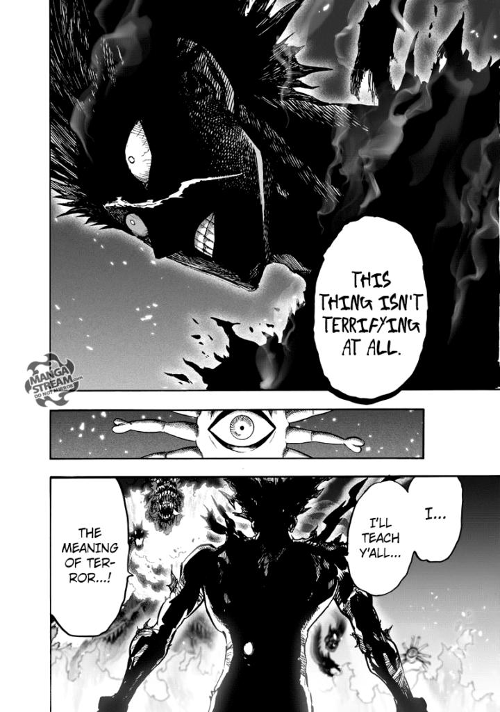 Garou's body is charred black, but he manages to stand up in front of Orochi and Gyoro-Gyoro.