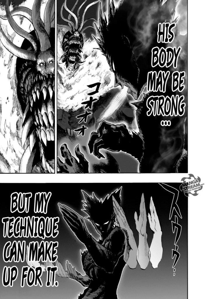 Garou inhales and moves his arms, preparing to attack Lord Orochi.