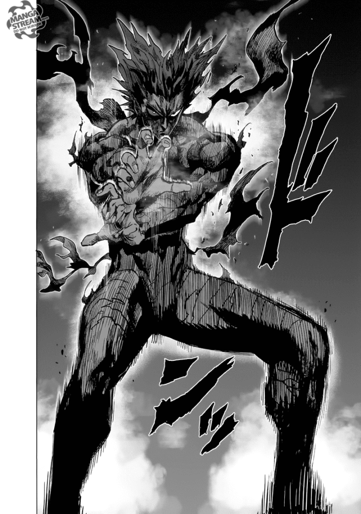 Garou makes a stance while his body glows.