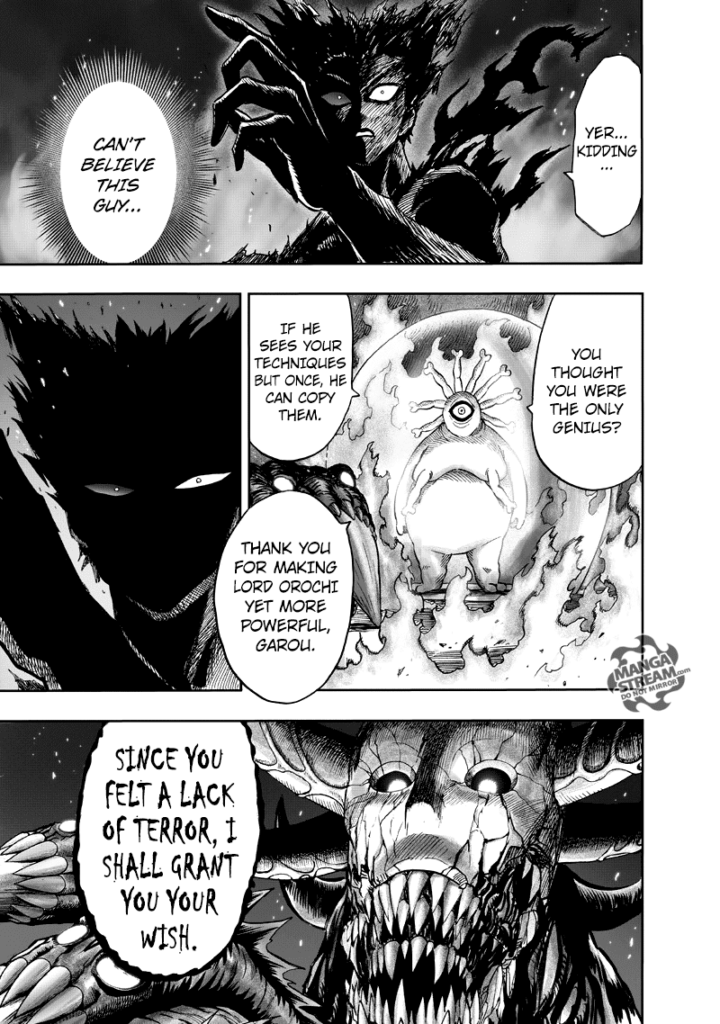 Garou is surprised after seeing Lord Orochi copy his technique. Orochi also starts speaking.