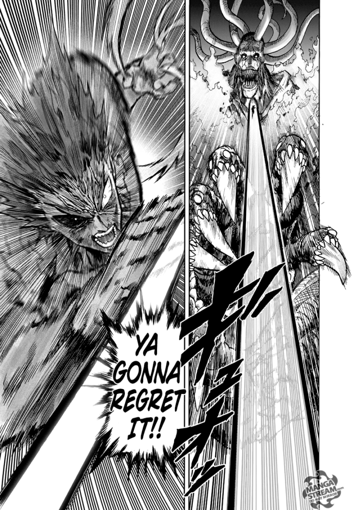 Garou passes between Orochi's fingers as he goes straight to attack his face.