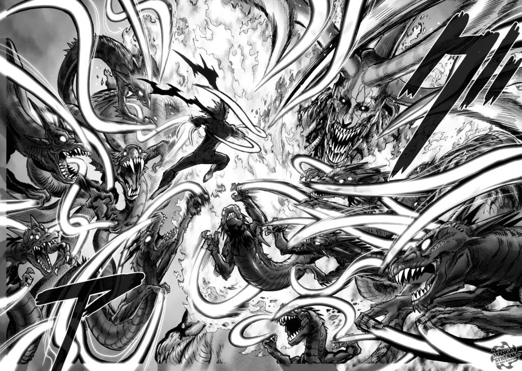 Lord Orochi's snakes suddenly surround Garou, copying his technique and attacking him as well.