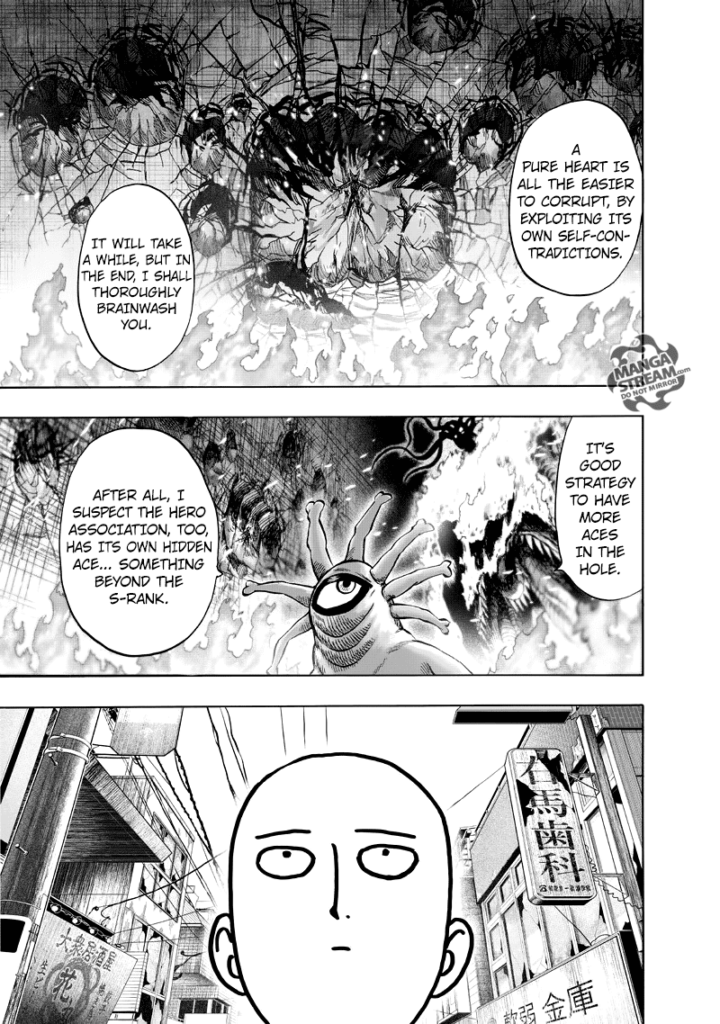 Garou remains unconscious on the wall as Gyoro-Gyoro and Orochi watch him. Saitama's iconic bored face is shown in the bottom panel.