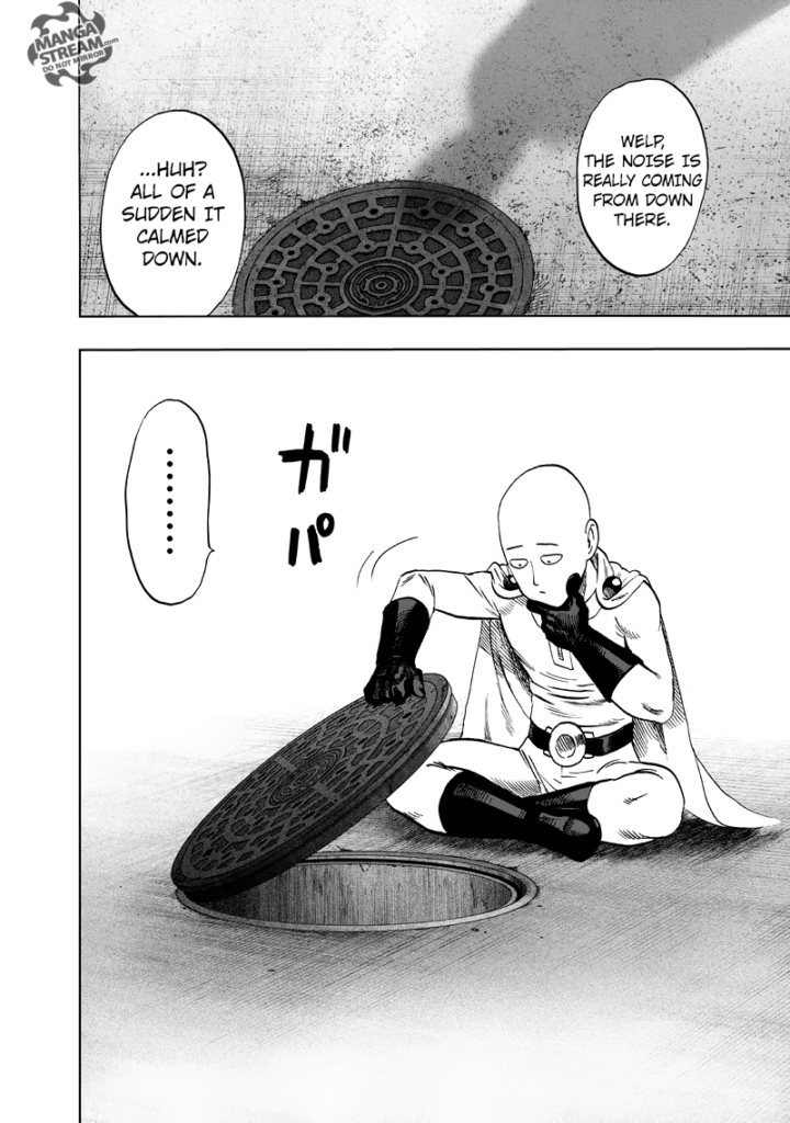 Cut to the scene, Saitama sits on the concrete road and opens a manhole after hearing some noises.