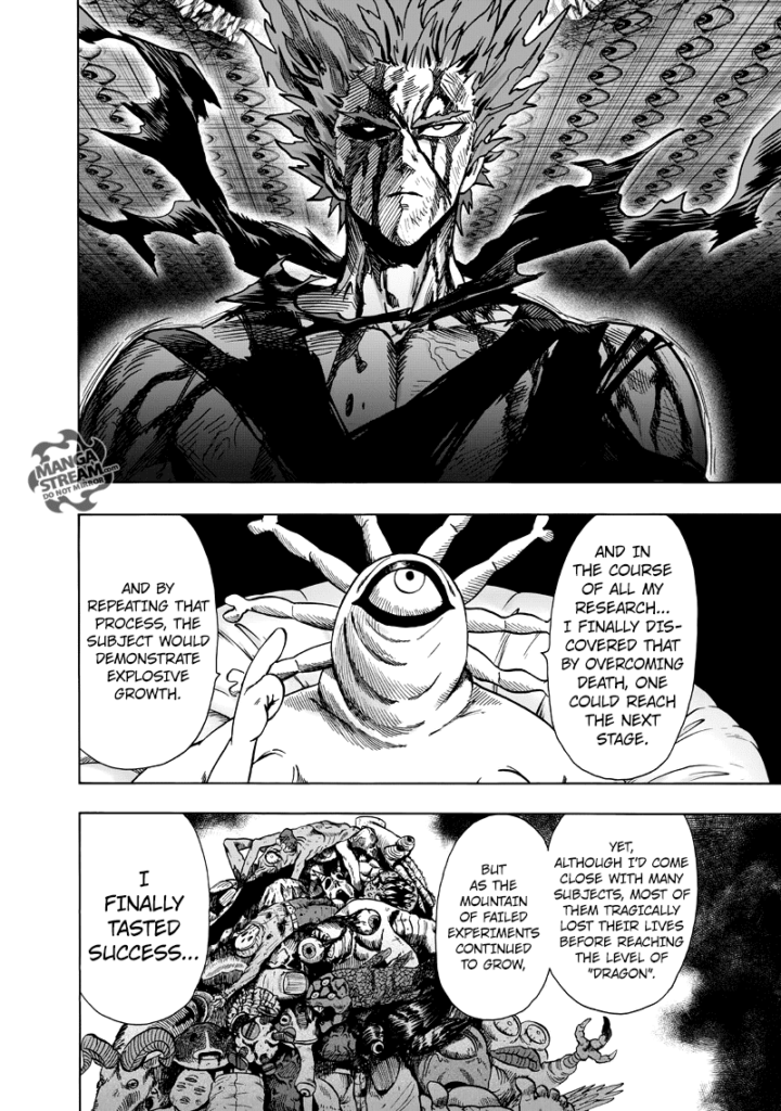 Garou listens intently while Gyoro-Gyoro explains his success after mountains of dead monster corpses.