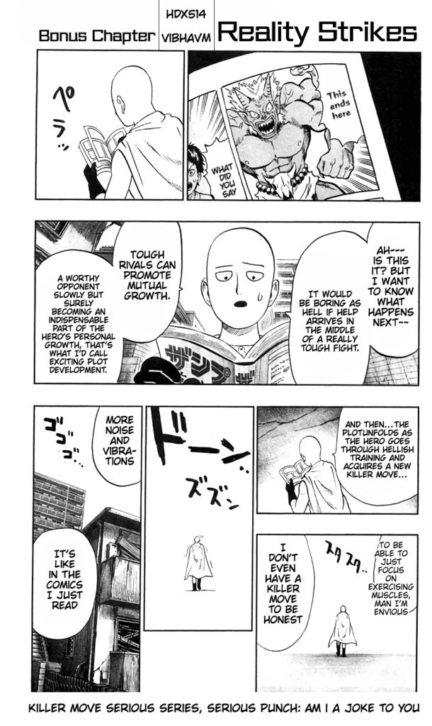 Saitama walks along the toad while reading manga.