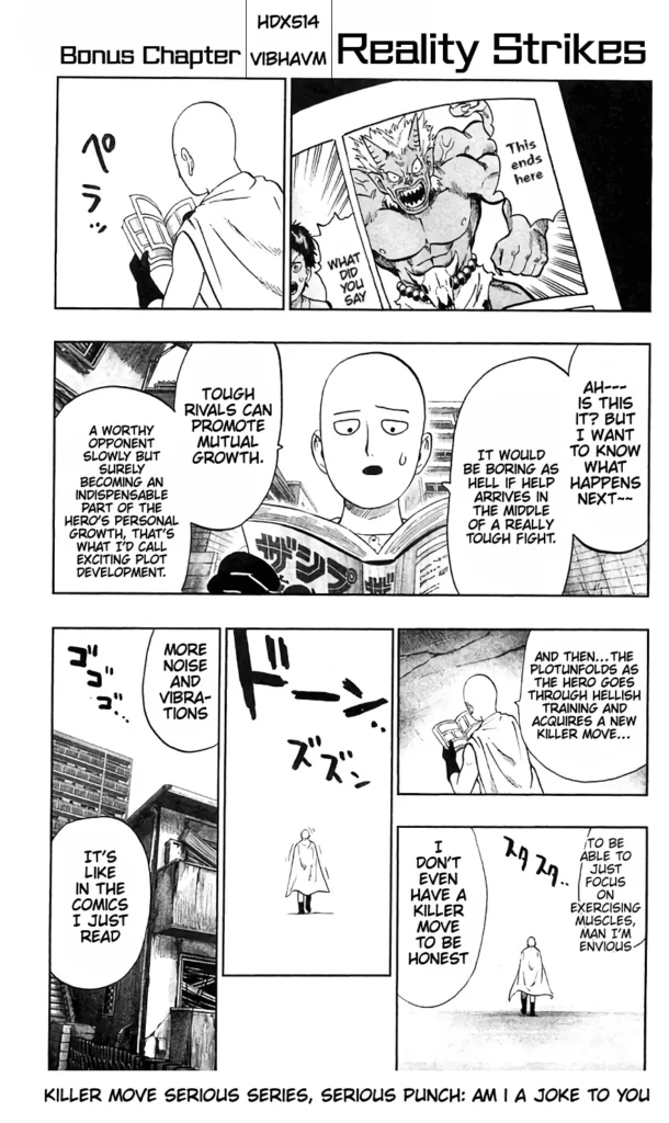 Saitama walks along the toad while reading manga.