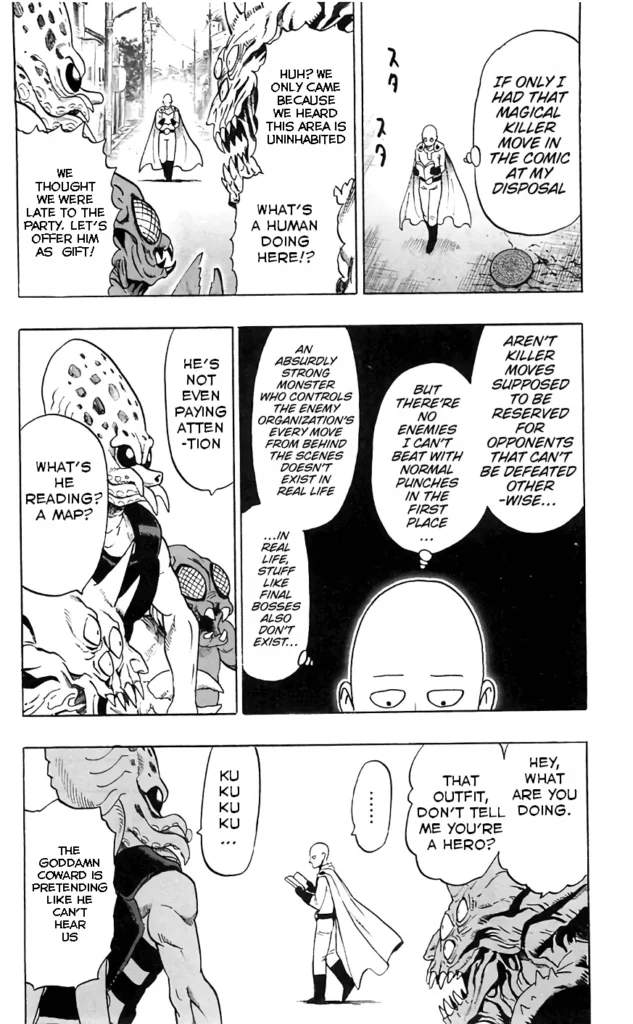 A group of monsters sees Saitama walking while reading a manga.