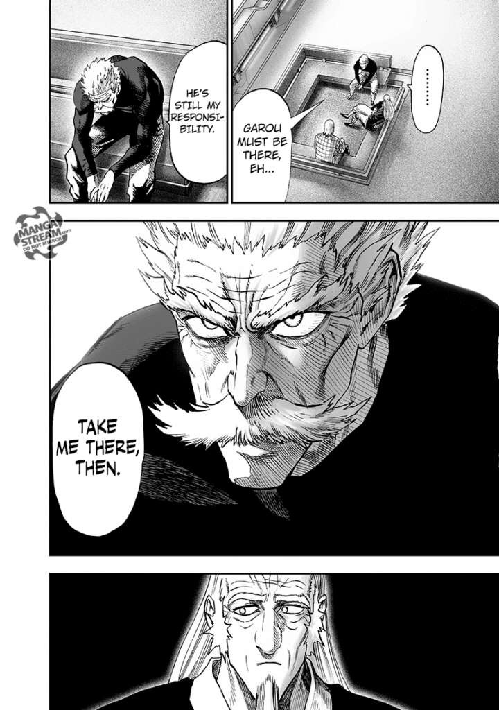 Bang, knowing Garou is his responsibility, asks King to take him to the Monster Association's base.