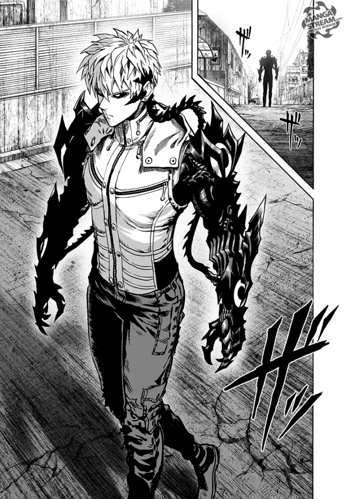 Cut to the scene, Demon Cyborg Genos walks alone in the city wearing his new and upgraded arms.