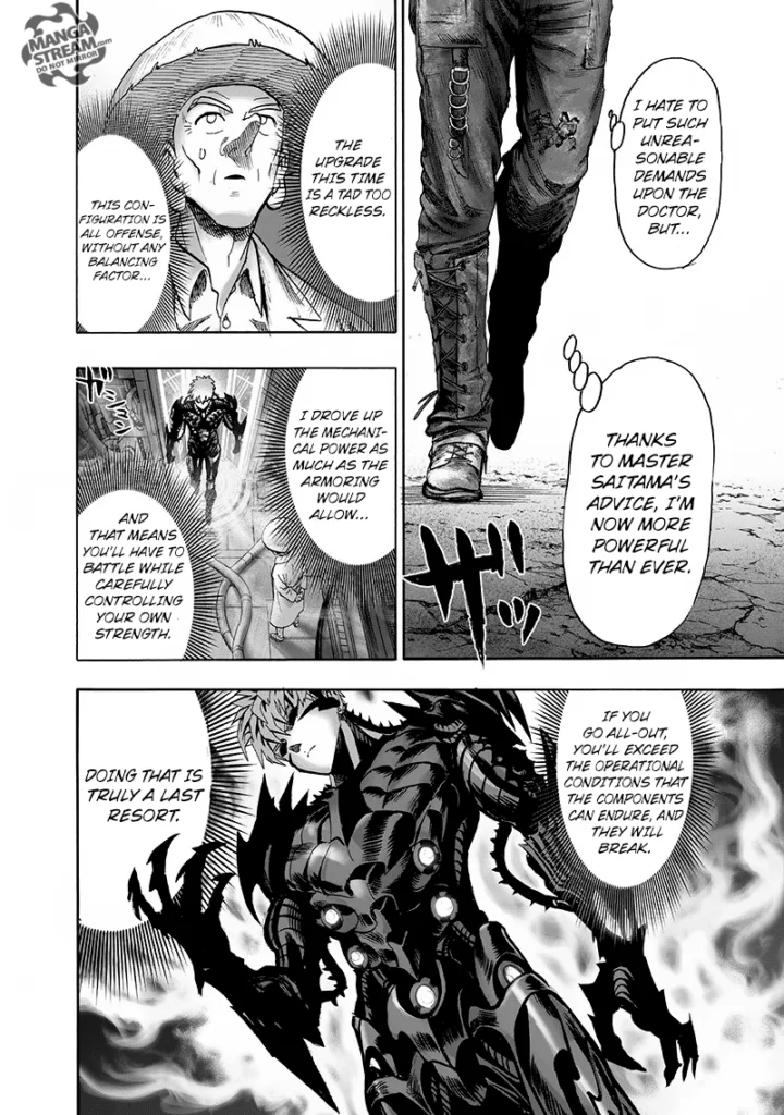 Genos walks while remembering Dr. Kuseno's advice about his new, powered-up armor.