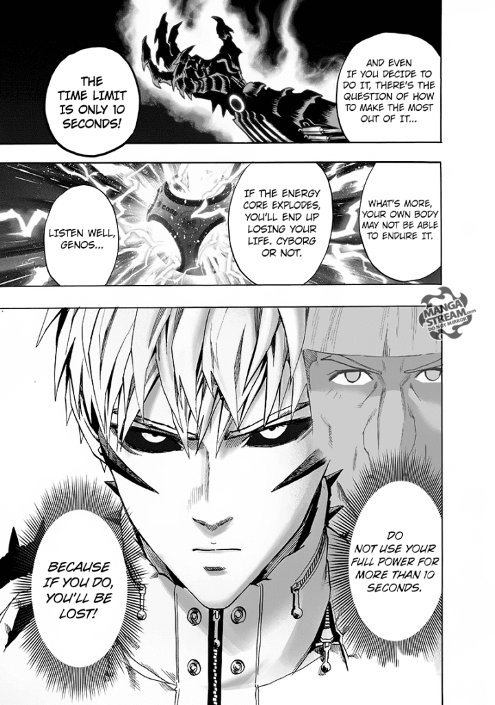 Genos' sharp-clawed hands glow as he remembers Dr. Kuseno's advice about losing his life if his energy core explodes.