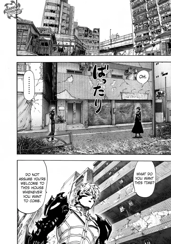 Genos and Fubuki unexpectedly meet in front of Saitama's apartment in the abandoned Z-City.