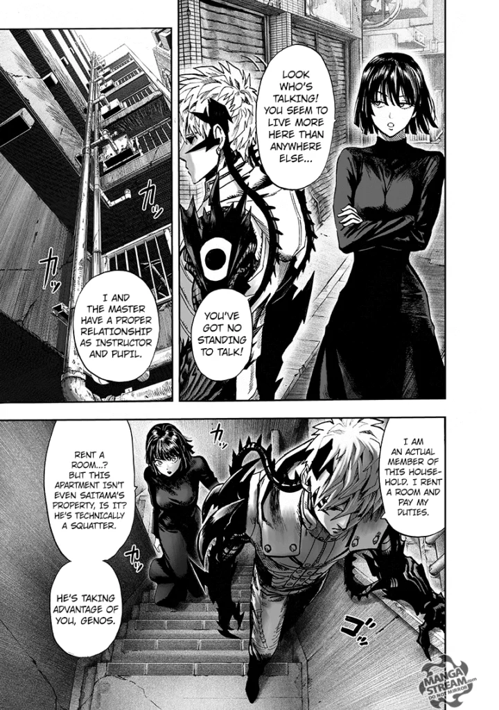 Genos and Fubuki start a little argument while walking up the stairs.