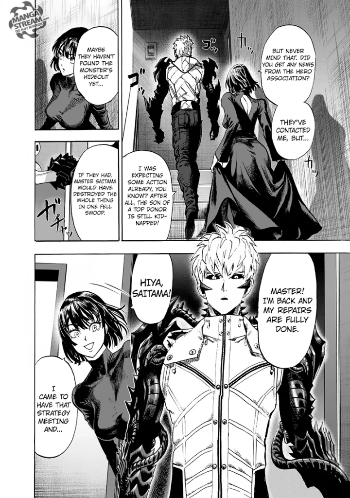 Genos opens the door and enters, with Fubuki following behind.