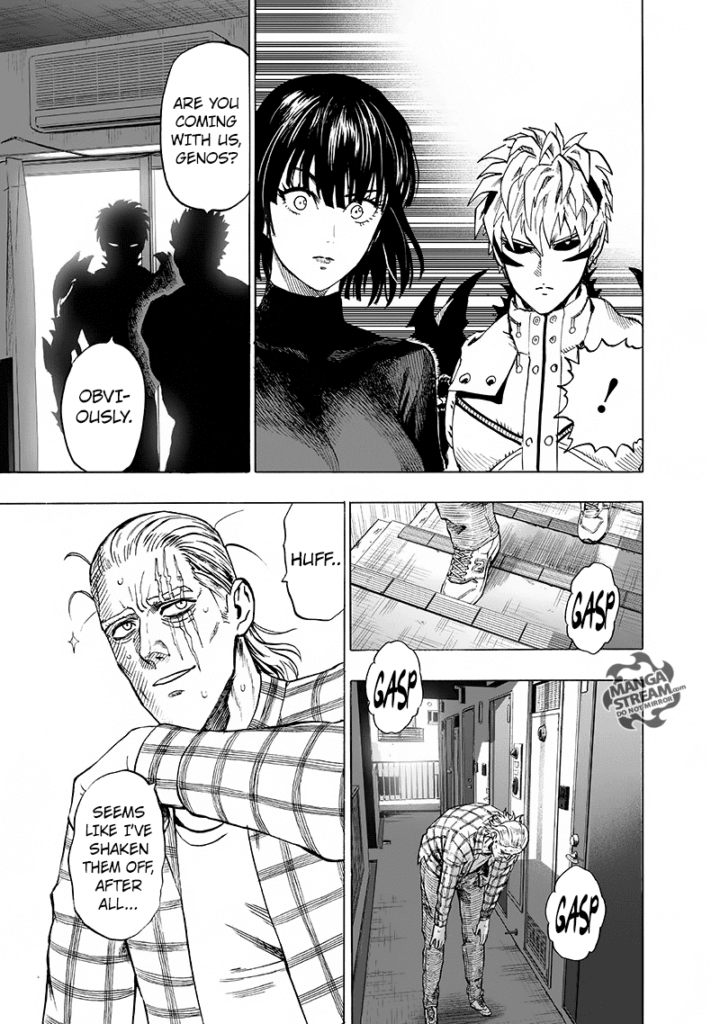 Genos agrees to go with Bang while King arrives at the apartment.