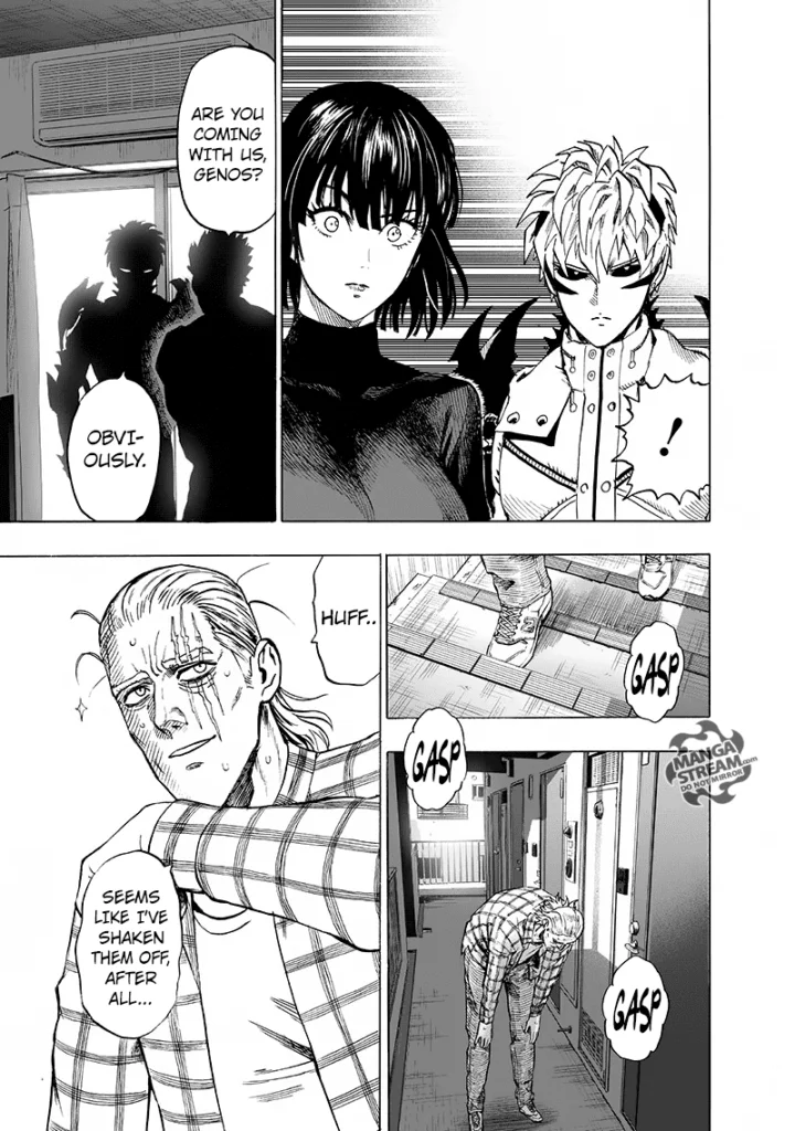 Genos agrees to go with Bang while King arrives at the apartment.