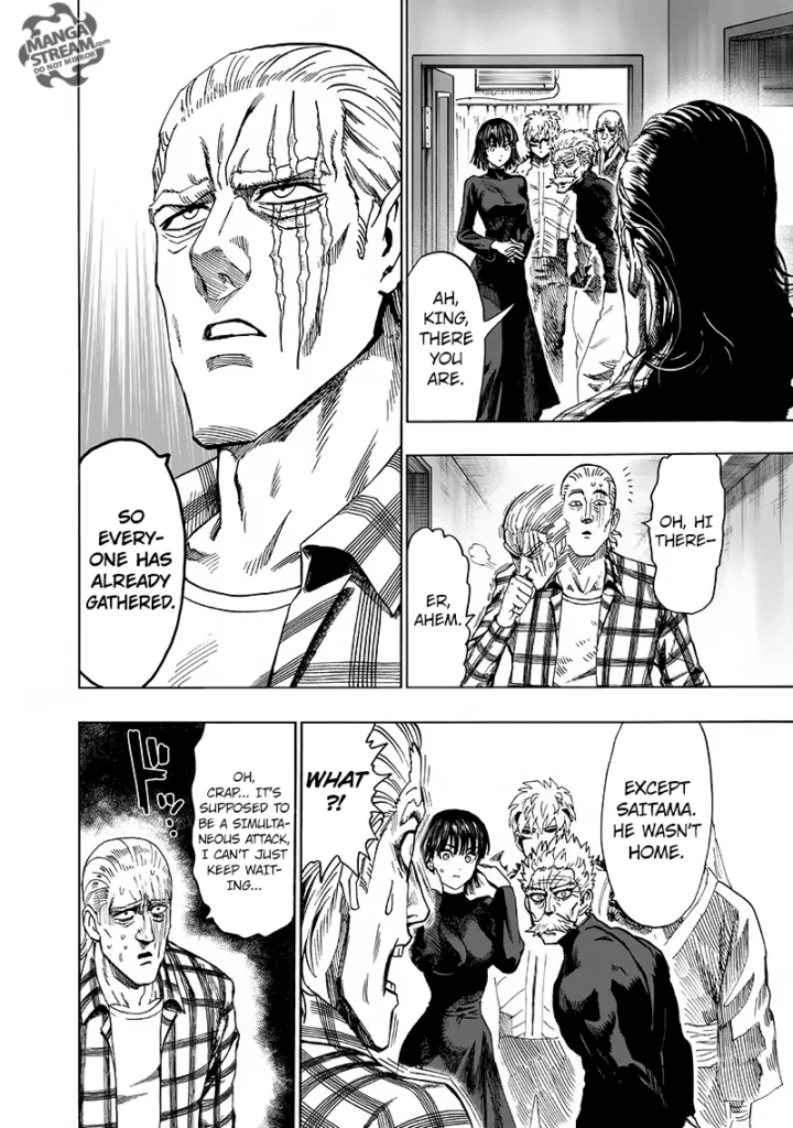 King meets with Bang, Bomb, Fubuki, and Genos while also discovering Saitama's absence.