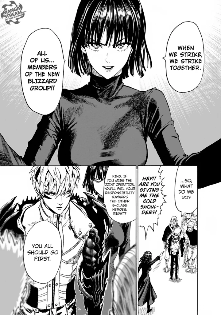 Fubuki tries to command the group, but Genos interrupts.