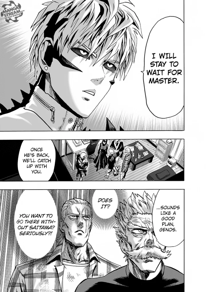 Genos tells everyone to go as he will wait for Saitama's return.