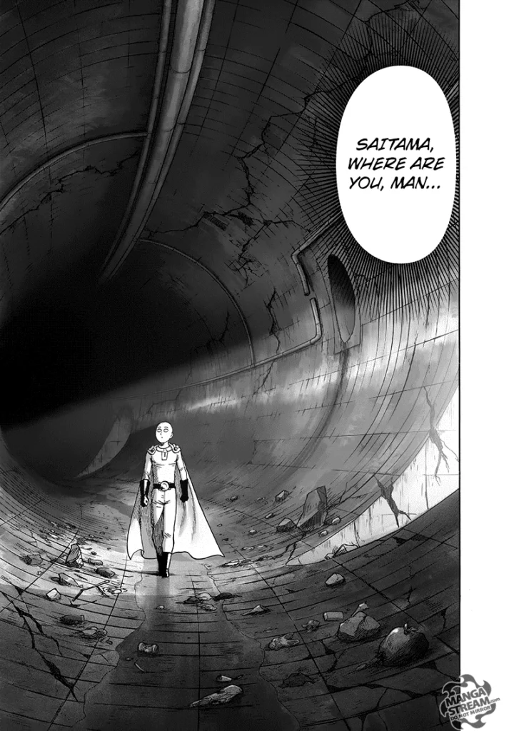 Cut to the scene: Saitama walks alone inside a huge underground drainage tunnel.