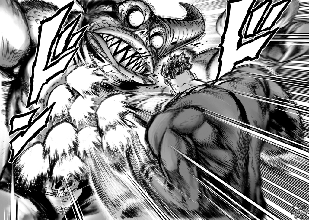 Puri-Puri Prisoner counters with a series of punches to the monster's body.