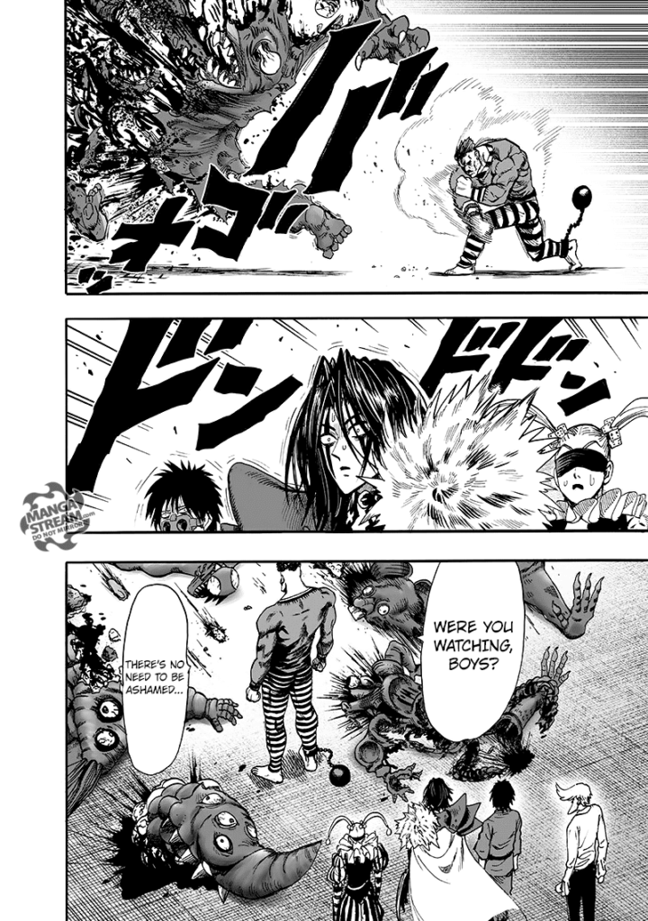 The other low-ranking heroes are surprised after seeing the monster getting decimated by Puri-Puri Prisoner.