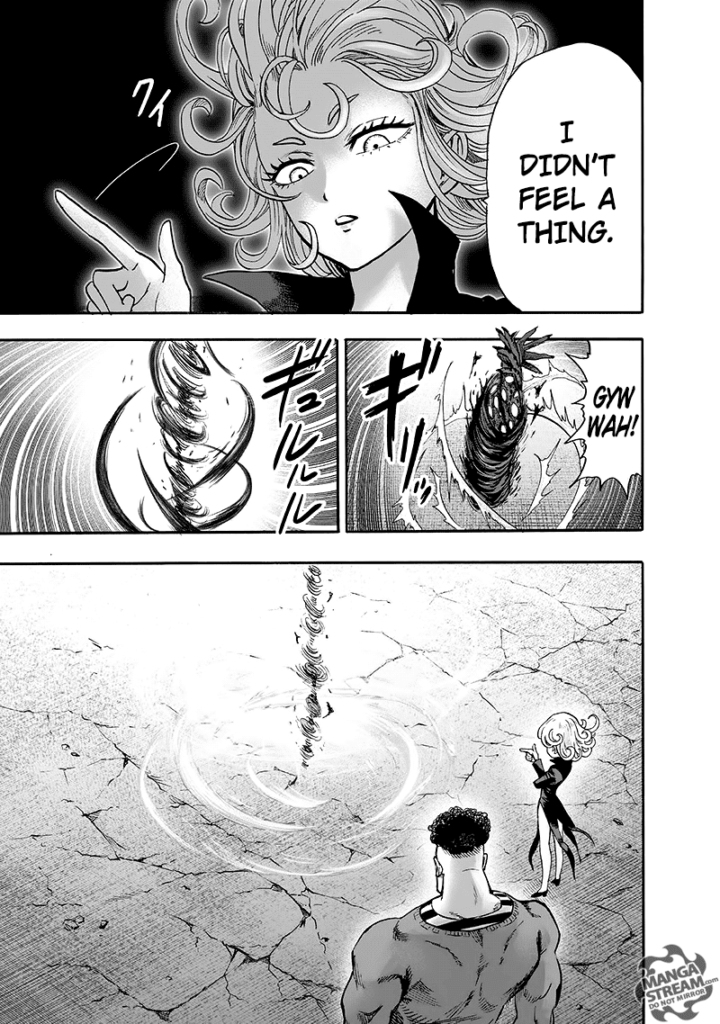 Tatsumaki flicks her fingers, and the monster Jagan is totally decimated in front of her and Puri-Puri Prisoner.