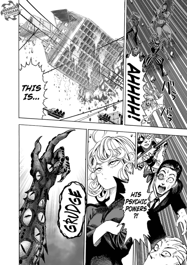 The buildings are up in the air, and some heroes are shocked as Jagan flips his fingers. Tatsumaki is unafraid.