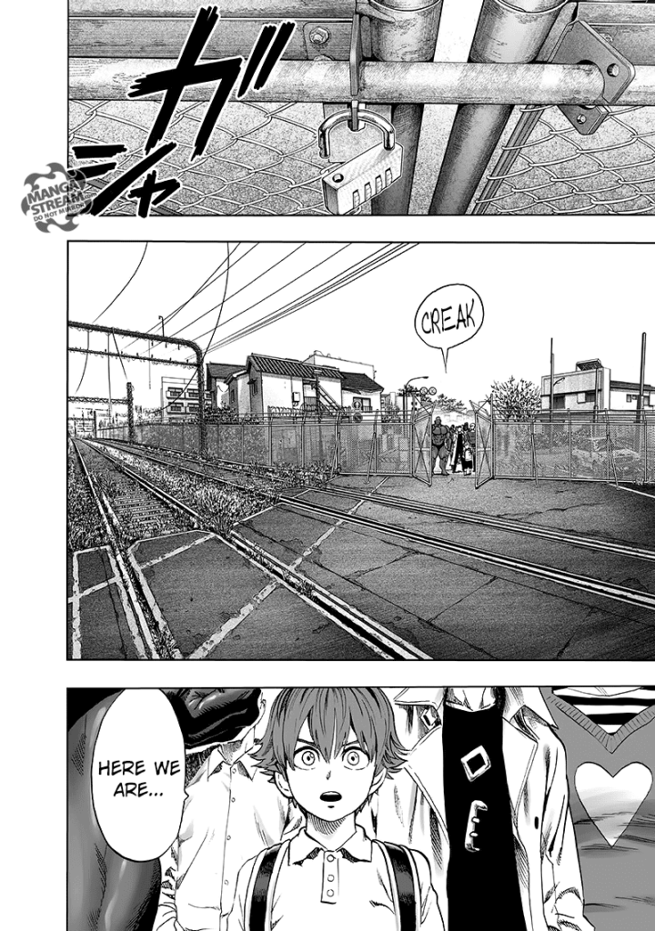 S-Class Heroes led by Child Emperor enter a gate across an abandoned rail track.