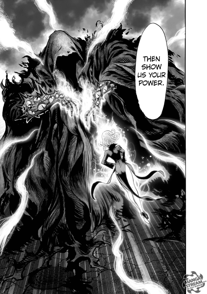 Jagan, wearing his black cloak, waves his hands, which have many eyes in front of Tatsumaki.