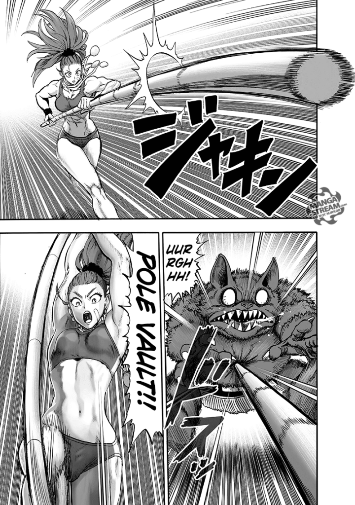 Mizuki's baton extends and hits a monster in the stomach as she attacks it with "Pole Vault".