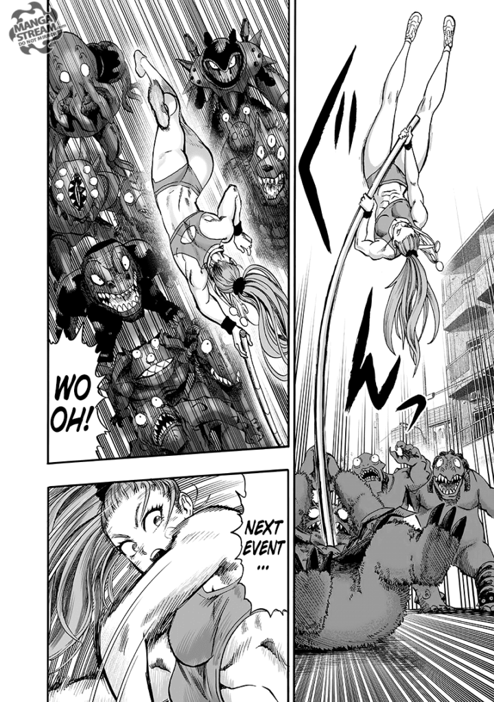 Mizuki pole vaults while other monsters watch her.