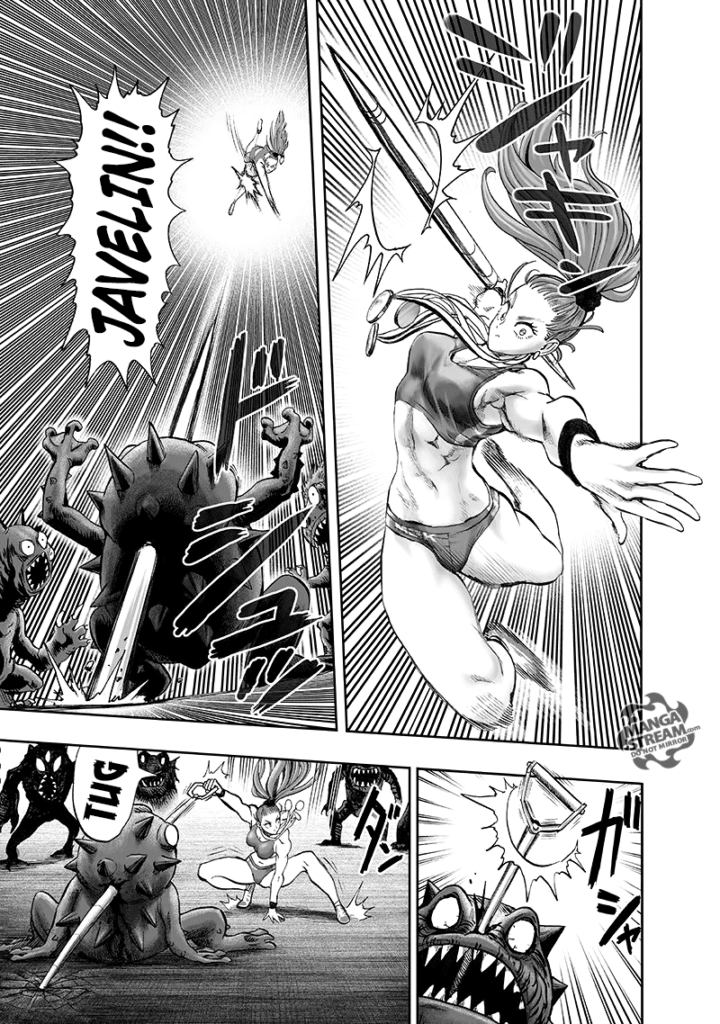 While in mid-air, Mizuki throws the pole as it transforms into a javelin, hitting a monster in the head.