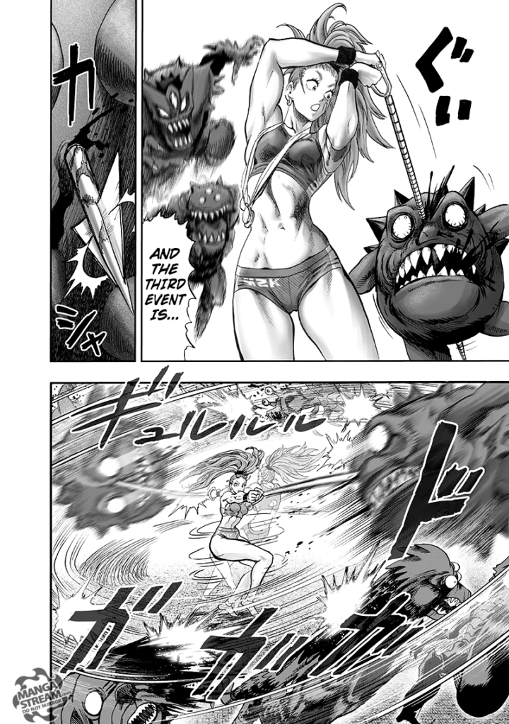 Mizuki swings the monster who got hit by her javelin.