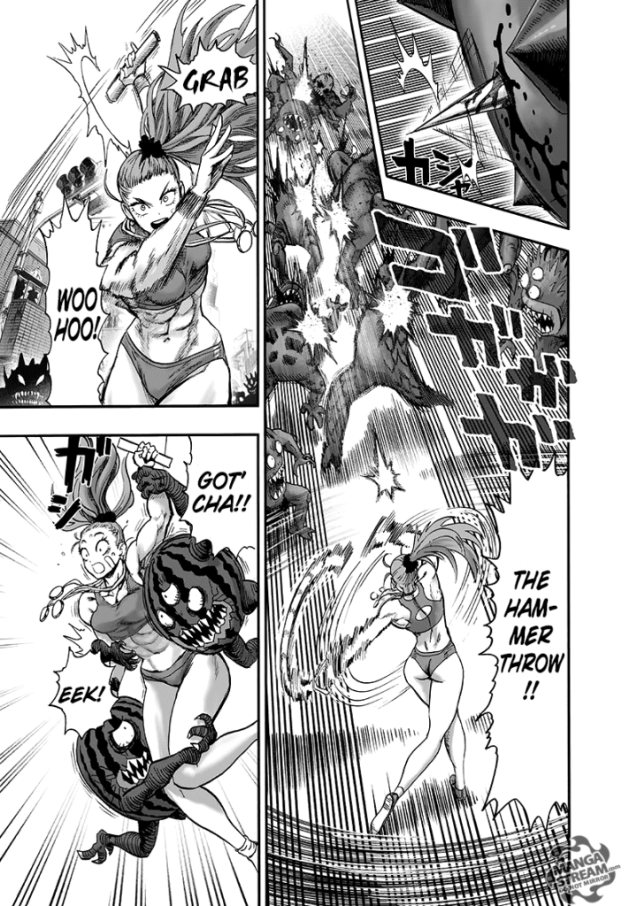 Mizuki throws the monster to other monsters while small watermelon-like monsters hold her down.