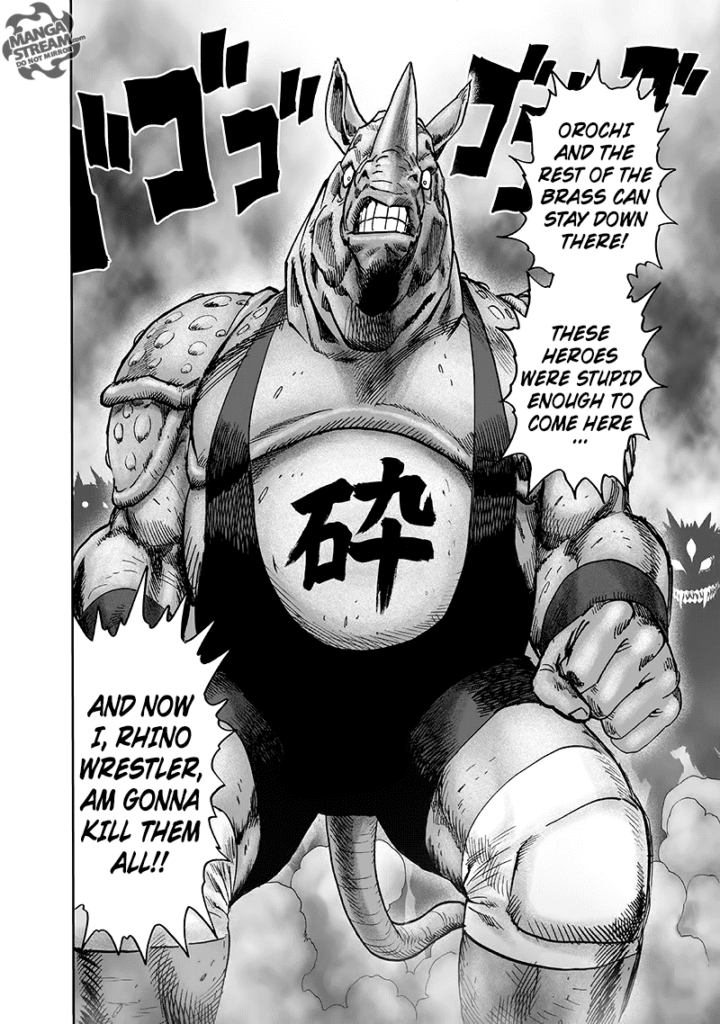 The monster's name is Rhino Wrestler, and he is wearing a wrestler outfit.