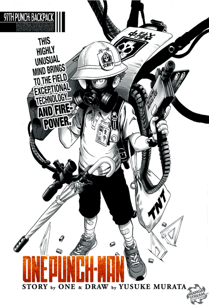 Child Emperor wearing a helmet, gas mask, and other gadgets coming out of his backpack.